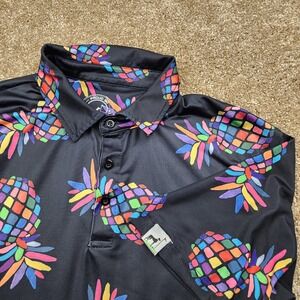 Proud 90 Mens Golf Polo Shirt Black Rainbow Pineapple Print Size L Geometric AOP